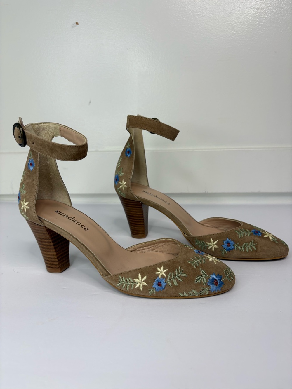Sundance Tan Suede Embroidered Ankle-Strap Heels Size 7